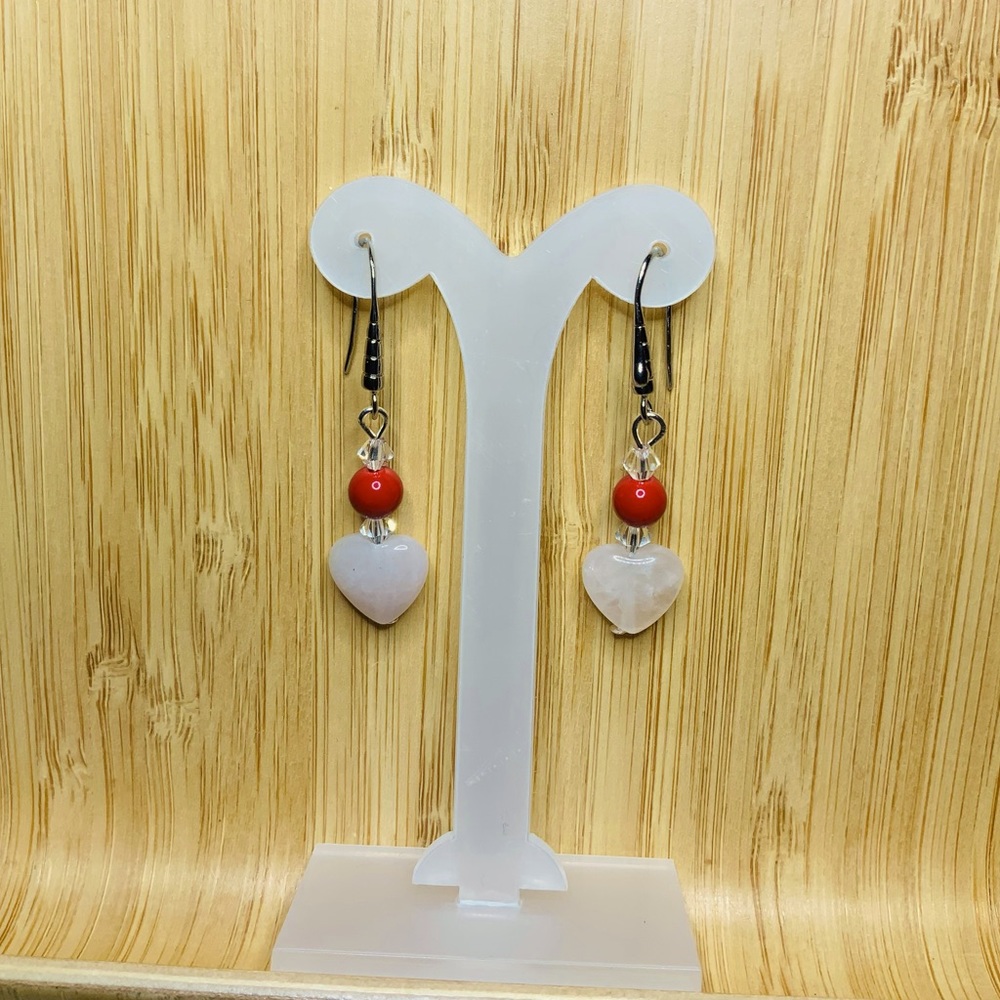 Pale Pink Hearts with red bead and Swarovski crystal